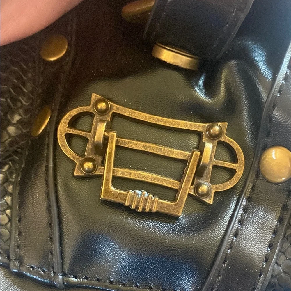 Black Leather Crossbody Bag with Gold Accents Biker Goth Steampunk New No‎ Tags